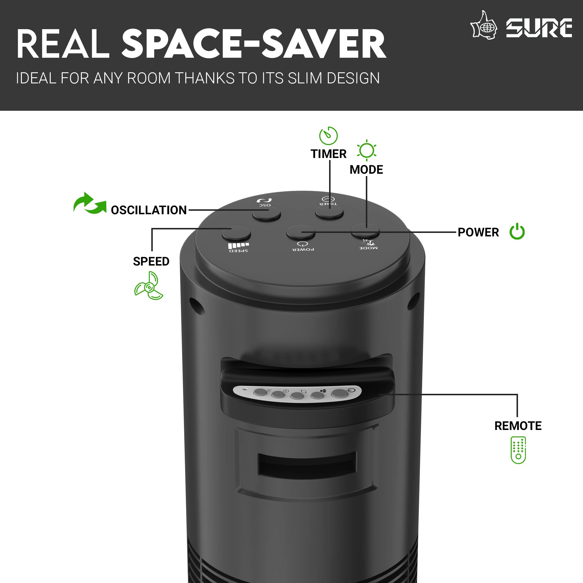 Sure Tower Fan with Remote Control, Bladeless Powerful with 3 Speeds, Timer Function, Standing Oscillating Fan for Home, Bedroom & Office, Black شور تعمل على كهرباء- مراوح ارضيه Sure Tower Fan with Remote Control, Bladeless Powerful with 3 Speeds, Timer Function, Standing Oscillating Fan for Home, Bedroom & Office, Black شور تعمل على كهرباء- مراوح ارضيه